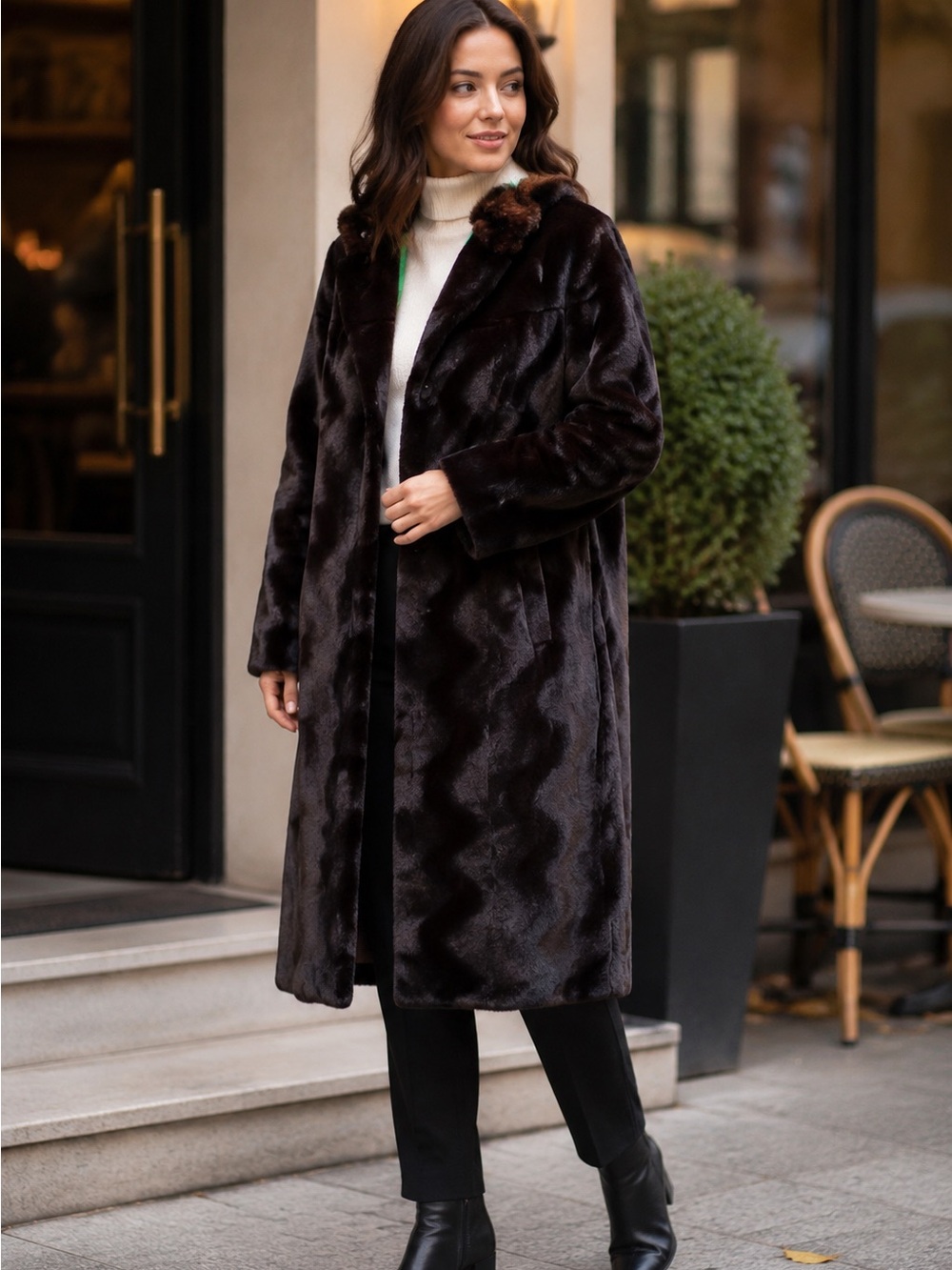 Frances Valentine Dame Black & Brown Faux Fur Coat with Collar M New NWT